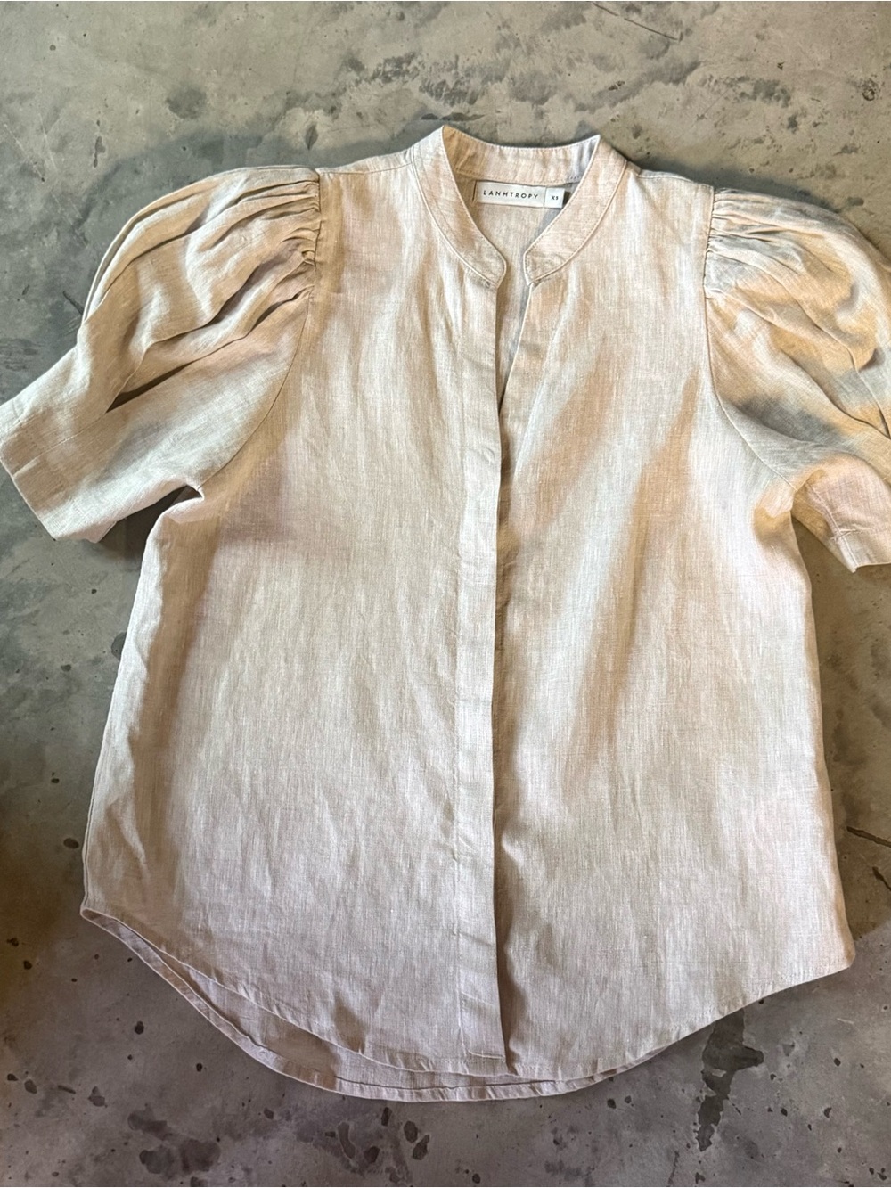 Lanhtropy Puff Bubble Sleeve Button Linen Top Minimalist in Natural Beige